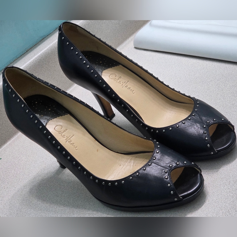 Cole Haan Black Silver Studded Rocker Chic Biker Peep-toe Heels Sz 9.5